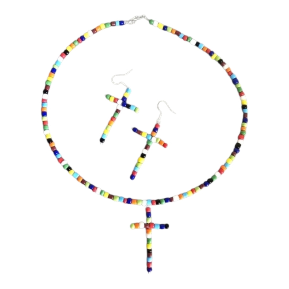 Seed Bead Colorful Rainbow Cross Pendant Necklace Earrings Set